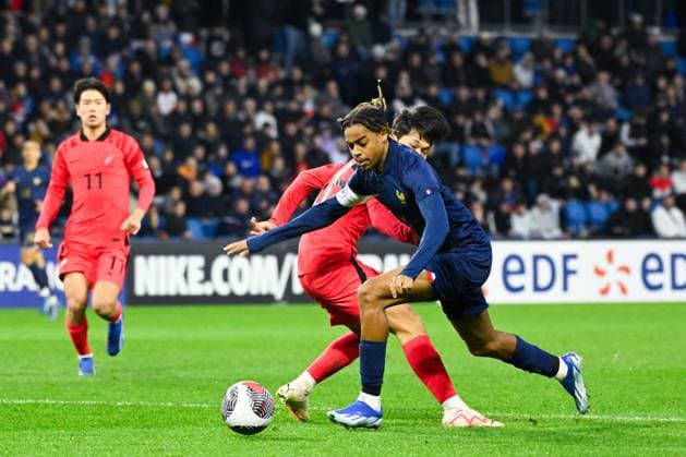 Barcola Bradely ( 11 - France ) during the match between France and South Korea U21, U 21 at Stade Oceane on November 20, 2023 in Le Havre, France. ( Photo by federico pestellini panoramic ) - FOOTBALL : France vs Coree du Sud Espoirs - Le Havre - 20 11 2023 FedericoPestellini Panoramic 