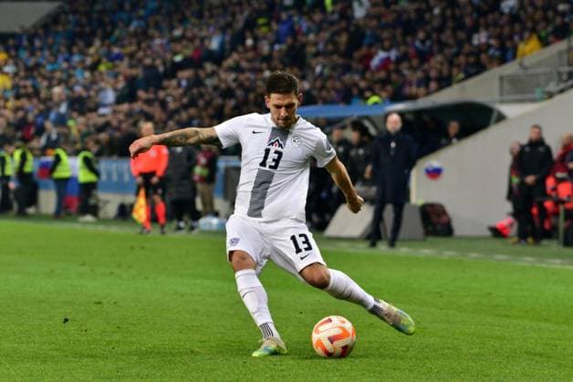 Erik Janza of Slovenia during the 2024 UEFA European Championship, EM, Europameisterschaft Qualifying football match between Slovenia and Kazakhstan FOOTBALL : Qualification Championnat d Europe 2024 - SlovÃ nie vs Kazakhstan - 20 11 2023 IgorKupljenik Panoramic 