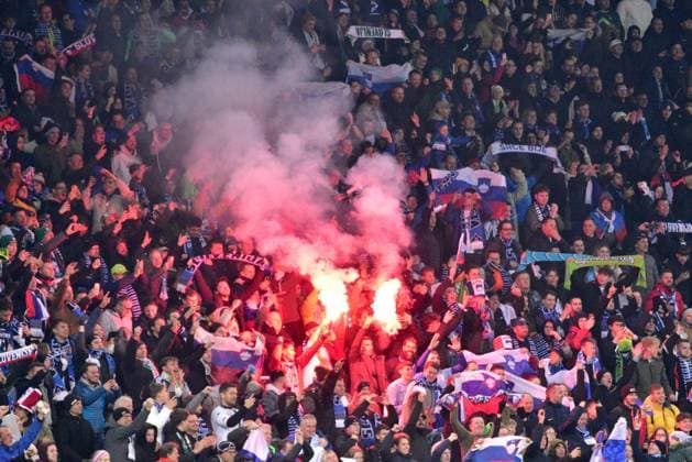 Slovenian fans celebrate win after the 2024 UEFA European Championship, EM, Europameisterschaft Qualifying football match between Slovenia and Kazakhstan FOOTBALL : qualification Championnat d Europe 2024 - SlovÃ nie vs Kazakhstan - 20 11 2023 IgorKupljenik Panoramic 