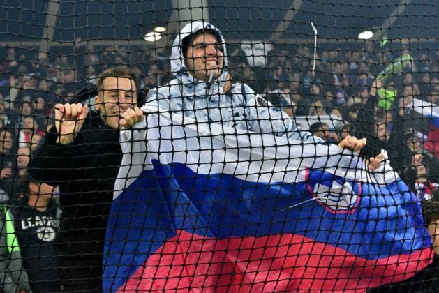Slovenian fans celebrate win after the 2024 UEFA European Championship, EM, Europameisterschaft Qualifying football match between Slovenia and Kazakhstan FOOTBALL : qualification Championnat d Europe 2024 - SlovÃ nie vs Kazakhstan - 20 11 2023 IgorKupljenik Panoramic 