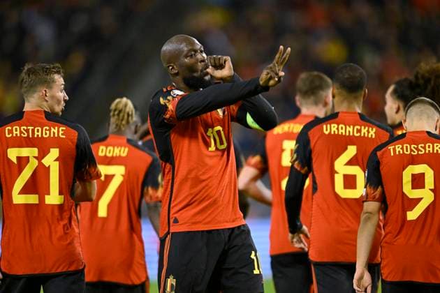Belgium v Azerbaijan - EURO 2024 Qualifier BRUSSELS, BELGIUM - NOVEMBER 19 : Lukaku Romelu forward of Belgium celebrates scoring a goal with a statement during the UEFA EURO, EM, Europameisterschaft,Fussball 2024 European Qualifier Group F match between Belgium and Azerbaijan at the King Baudouin Stadium on November 19, 2023 in Brussels, Belgium, 19 11 2023 Brussels Belgium  Copyright: xNicoxVereeckenx