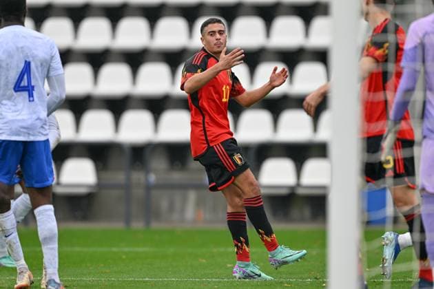 SOCCER FRIENDLY UNDER-20 BELGIUM VS FRANCE Mohamed Salah El Boukammiri (10) of Belgium pictured reacts during a friendly soccer game between the national under 20 teams of Belgium and France on Tuesday 21 November 2023 in Tubize , Belgium . PHOTO SPORTPIX David Catry Tubize RBFA Academy stadium Belgium  Copyright: xSportpix.bex xDavidxCatryxDavidxCatryx
