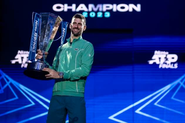 Nitto ATP, Tennis Herren Finals - Day Eight Novak Djokovic of Serbia poses for a photo with the trophy at the end of the final singles match against Jannik Sinner of Italy during day eight of the Nitto ATP Finals. Turin Italy Copyright: xNicolòxCampox