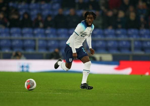 21st November 2023; Goodison Park, Liverpool, England; Euro 2025 Group F Qualifier Football, England U21s versus Northern Ireland U21s; Josh Wilson-Esbrand of England races after the ball  ActionPlus12577983 DavidxBlunsden