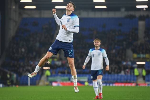 Goal! 1-0 Tyler Morton of England U21s celebrates a goal during the Euro U21, U 21 Qualification international match, Länderspiel, Nationalmannschaft between England U21 and Northern Ireland U21 at Goodison Park, Liverpool, England on 21 November 2023. Copyright: xTomxPearsonx PMI-5899-0025