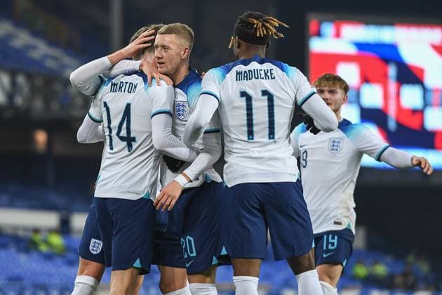 Goal! 1-0 Tyler Morton of England U21s celebrates a goal during the Euro U21, U 21 Qualification international match, Länderspiel, Nationalmannschaft between England U21 and Northern Ireland U21 at Goodison Park, Liverpool, England on 21 November 2023. Copyright: xTomxPearsonx PMI-5899-0028