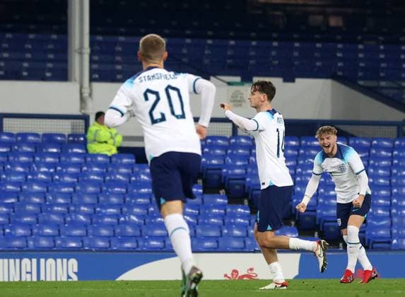 21st November 2023; Goodison Park, Liverpool, England; Euro 2025 Group F Qualifier Football, England U21s versus Northern Ireland U21s; Tyler Morton of England celebrates after scoring the opening goal after 31 minutes  ActionPlus12577999 DavidxBlunsden