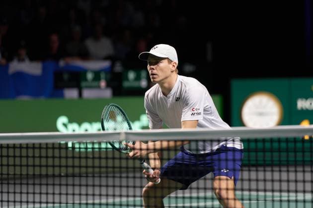Harri Heliövaara of Finland at the net during the doubles match with Otto Virtanen of Finland against Vasek Pospisil of Canada (L) and Alexis Galarneau of Canada at the Davis Cup Final 8 at Palacio de Deportes Martin Carpena on November 21, 2023 in Malaga, Spain. (Photo by Camilla Stolen Imago) Malaga Spain Copyright: xCamillaxStolenx L1120318