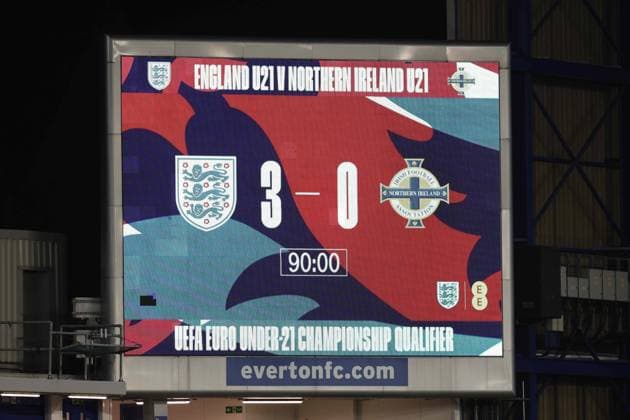 Liverpool, England, 21st November 2023. Score board at full time during the UEFA European Under-21 Championship Qualifier match at Goodison Park, Liverpool. Picture credit should read: Gary Oakley Sportimage EDITORIAL USE ONLY. No use with unauthorised audio, video, data, fixture lists, club league logos or live services. Online in-match use limited to 120 images, no video emulation. No use in betting, games or single club league player publications. SPI-2738-0101