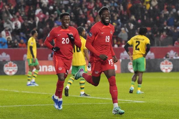 November 21, 2023, TORONTO, ON, CAN: Canada s Alphonso Davies (19) celebrates scoring his team s opening goal against Jamaica with Jonathan David (20) during first half CONCACAF Nations League quarterfinals action in Toronto, on Tuesday, November 21, 2023. Alphonso Davies Jonathan David  - ZUMAc35_ 20231121_zaf_c35_203 Copyright: xChrisxYoungx
