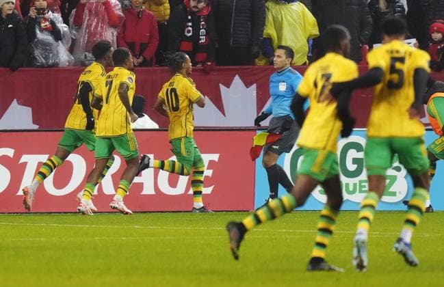 November 21, 2023, Toronto, ON, Canada: Jamaica forward Bobby Reid (10) celebrates his penalty kick goal against Canada with teammates during second half CONCACAF Nations League quarterfinal soccer action in Toronto on Tuesday, November 21, 2023. Canada News - November 21, 2023  - ZUMAc35_ 20231121_zaf_c35_211 Copyright: xChrisxYoungx