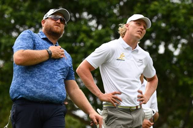 AUSTRALIAN PGA, Golf Herren GOLF PRO AM, Aaron Pike and Wallabies player Carter Gordon look on during the Pro AM, at the Royal Queensland Golf Club in Brisbane, Wednesday, November 22, 2023. ( NO ARCHIVING, EDITORIAL USE ONLY, NO USE IN BOOKS WITHOUT CONSENT BRISBANE QUEENSLAND AUSTRALIA  Copyright: xJONOxSEARLEx 20231122001868338020