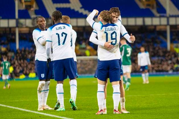 England v Northern Ireland - UEFA U21, U 21 Euro 2025 Qualifier Harvey Elliot 19 of England celebrates his goal with team-mates during the UEFA European Under 21 Championship Group F match between England and Northern Ireland at Goodison Park, Liverpool on Tuesday 21st November 2023. Liverpool Merseyside United Kingdom  Copyright: xMIxNewsx originalFilename:fletcher-englandu231121_npQ4m.jpg
