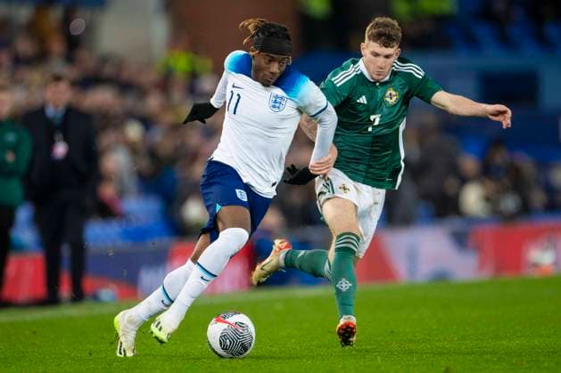 England v Northern Ireland - UEFA U21, U 21 Euro 2025 Qualifier Noni Madueke 11 of England challenged by Charlie Allen 7 of N.Ireland during the UEFA European Under 21 Championship Group F match between England and Northern Ireland at Goodison Park, Liverpool on Tuesday 21st November 2023. Liverpool Merseyside United Kingdom  Copyright: xMIxNewsx originalFilename:fletcher-englandu231121_npyj3.jpg