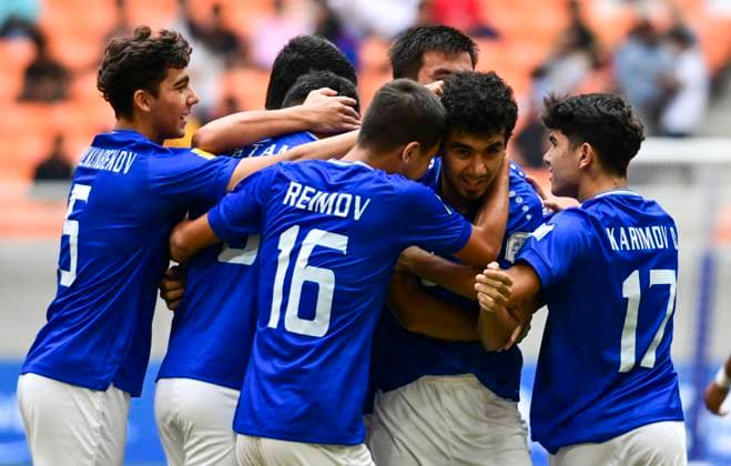 (231122) -- JAKARTA, Nov. 22, 2023 -- Amirbek Saidov (2nd R) of Uzbekistan celebrates with teammates after scoring during the round of 16 match of the FIFA U-17 World Cup Indonesia 2023 between England and Uzbekistan at The Jakarta International Stadium in Jakarta, Indonesia, Nov. 22, 2023. ) (SP)INDONESIA-JAKARTA-FOOTBALL-FIFA U17, U 17 WORLD CUP-ROUND OF 16-ENG VS UZB Zulkarnain 