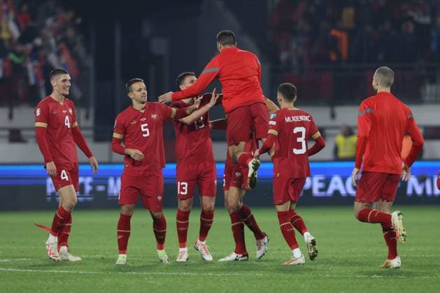 SERBIA vs BULGARIA NIKOLA MILENKOVIC, NEMANJA MAKSIMOVIC, MILOS VELJKOVIC, ALEKSANDAR MITROVIC, FILIP MLADENOVIC RADOST FOOTBALL, SERBIA, BULGARIA, UEFA European Championship, EM, Europameisterschaft QUALIFICATION, EURO Dubocica stadium, Leskovac 19.11.2023 Foto: Leskovac Dubocica stadium Serbia Copyright: xMarkoxMetlas xMNxPressx