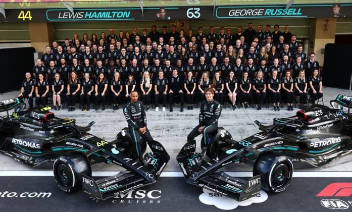 Photo of the Mercedes-AMG Petronas F1 Team with 44 Lewis Hamilton (GBR, Mercedes-AMG Petronas F1 Team) and 63 George Russell (GBR, Mercedes-AMG Petronas F1 Team), F1 Grand Prix of Abu Dhabi at Yas Marina Circuit on November 23, 2023 in Abu Dhabi, United Arab Emirates. (Photo by HOCH ZWEI) Abu Dhabi United Arab Emirates