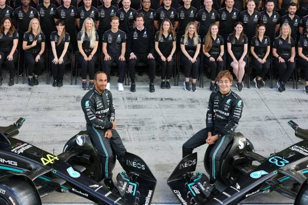 Photo of the Mercedes-AMG Petronas F1 Team with 44 Lewis Hamilton (GBR, Mercedes-AMG Petronas F1 Team) and 63 George Russell (GBR, Mercedes-AMG Petronas F1 Team), F1 Grand Prix of Abu Dhabi at Yas Marina Circuit on November 23, 2023 in Abu Dhabi, United Arab Emirates. (Photo by HOCH ZWEI) Abu Dhabi United Arab Emirates