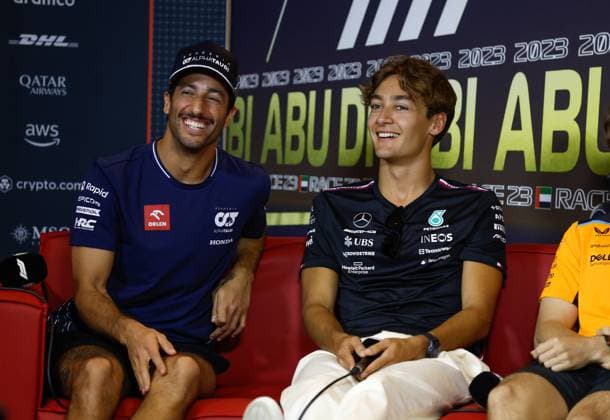3 Daniel Ricciardo (AUS, Scuderia AlphaTauri), 63 George Russell (GBR, Mercedes-AMG Petronas F1 Team), F1 Grand Prix of Abu Dhabi at Yas Marina Circuit on November 23, 2023 in Abu Dhabi, United Arab Emirates. (Photo by HOCH ZWEI) Abu Dhabi United Arab Emirates
