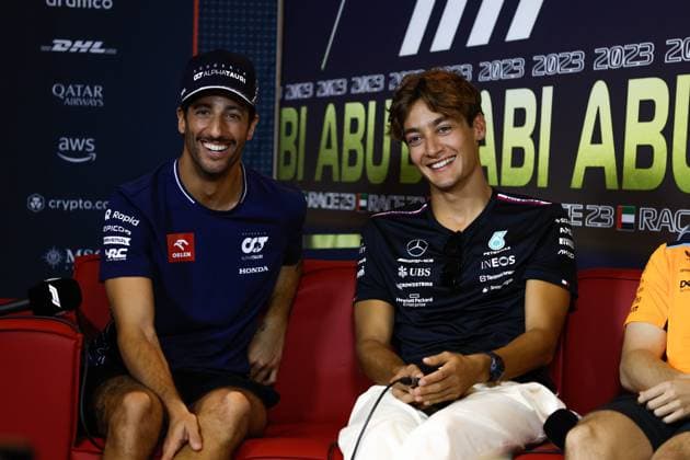 3 Daniel Ricciardo (AUS, Scuderia AlphaTauri), 63 George Russell (GBR, Mercedes-AMG Petronas F1 Team), F1 Grand Prix of Abu Dhabi at Yas Marina Circuit on November 23, 2023 in Abu Dhabi, United Arab Emirates. (Photo by HOCH ZWEI) Abu Dhabi United Arab Emirates