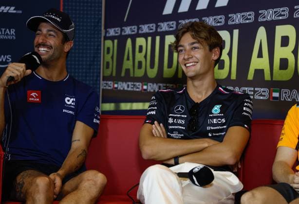 3 Daniel Ricciardo (AUS, Scuderia AlphaTauri), 63 George Russell (GBR, Mercedes-AMG Petronas F1 Team), F1 Grand Prix of Abu Dhabi at Yas Marina Circuit on November 23, 2023 in Abu Dhabi, United Arab Emirates. (Photo by HOCH ZWEI) Abu Dhabi United Arab Emirates