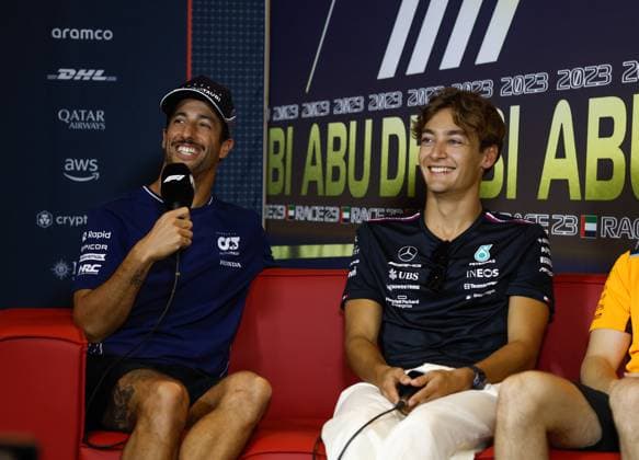 3 Daniel Ricciardo (AUS, Scuderia AlphaTauri), 63 George Russell (GBR, Mercedes-AMG Petronas F1 Team), F1 Grand Prix of Abu Dhabi at Yas Marina Circuit on November 23, 2023 in Abu Dhabi, United Arab Emirates. (Photo by HOCH ZWEI) Abu Dhabi United Arab Emirates