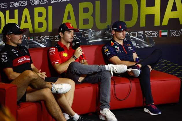 77 Valtteri Bottas (FIN, Alfa Romeo F1 Team Stake), 16 Charles Leclerc (MCO, Scuderia Ferrari), 1 Max Verstappen (NLD, Oracle Red Bull Racing), F1 Grand Prix of Abu Dhabi at Yas Marina Circuit on November 23, 2023 in Abu Dhabi, United Arab Emirates. (Photo by HOCH ZWEI) Abu Dhabi United Arab Emirates