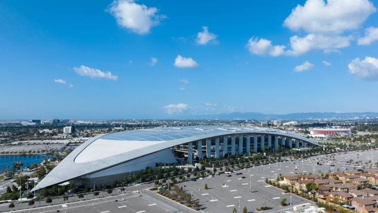 INGLEWOOD, CALIFORNIA - NOVEMBER 24: Aerial view of the SoFi Stadium, which will host the main opening ceremony of 2028 Summer Olympics, on November 24, 2023 in Inglewood, California.  Copyright: xVCGx 111466154653