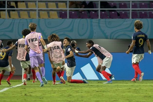(231125) -- SURAKARTA, Nov. 25, 2023 -- Ismail Bouneb (3rd R) of France celebrates after scoring during the quarterfinal between France and Uzbekistan at the FIFA U-17 World Cup Indonesia 2023 at the Manahan Stadium in Surakarta, Central Java, Indonesia, Nov. 25, 2023. (Photo by Yanur Xinhua) (SP)INDONESIA-SURAKARTA-FIFA-WORLD CUP U17, U 17 QUARTERFINAL-FRA VS UZB Yanuar 