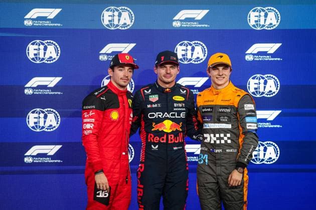 LECLERC Charles (mco), Scuderia Ferrari SF-23, VERSTAPPEN Max (ned), Red Bull Racing RB19, PIASTRI Oscar (aus), McLaren F1 Team MCL60, portrait during the 2023 Formula 1 Etihad Airways Abu Dhabi Grand Prix, 22th round of the 2023 Formula One World Championship, WM, Weltmeisterschaft from November 24 to 26, 2023 on the Yas Marina Circuit, in Abu Dhabi - F1 - ABU DHABI GRAND PRIX 2023 DPPI Panoramic 00123047_G0OD4117