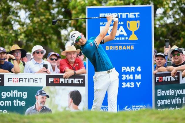 GOLF AUSTRALIAN PGA, Golf Herren Min Woo Lee plays a shot during the final round of the 2023 Australian PGA Championship in Brisbane, Sunday, November 26, 2023. ( NO ARCHIVING, EDITORIAL USE ONLY, NO USE IN BOOKS WITHOUT CONSENT BRISBANE QUEENSLAND AUSTRALIA  Copyright: xJONOxSEARLEx 20231126001869941860