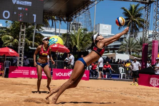 (231126) -- JOAO PESSOA, Nov. 26, 2023 -- Xue Chen (R) Xia Xinyi of China compete during the women s semifinal match between Xue Chen Xia Xinyi of China and Ana Patricia Duda of Brazil at the World Beach volleyball, Beachvolleyball Pro Tour 2023 in Joao Pessoa, Brazil, Nov. 26, 2023. ) (SP)BRAZIL-JOAO PESSOA-BEACH VOLLEYBALL-WORLD PRO TOUR WangxTiancong 