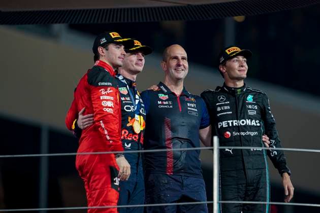 November 26, 2023, Abu Dhabi, United Arab Emirates: (Left to Right) CHARLES LECLERC of Monaco and Scuderia Ferrari, MAX VERSTAPPEN of the Netherlands and Red Bull Racing and GEORGE RUSSEL of Great Britain and Mercedes-AMG F1 Team are seen on the podium after the 2023 FIA Formula 1 Abu Dhabi Grand Prix at Yas Marina Circuit in Abu Dhabi, United Arab Emirates. Abu Dhabi United Arab Emirates - ZUMAg147 20231126_fap_g147_020 Copyright: xJamesxGasperottix