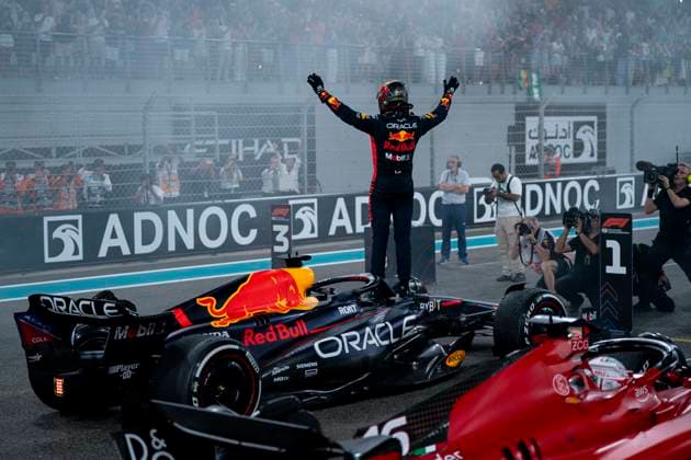 November 26, 2023, Abu Dhabi, United Arab Emirates: MAX VERSTAPPEN of the Netherlands and Red Bull Racing celebrates after winning the 2023 FIA Formula 1 Abu Dhabi Grand Prix at Yas Marina Circuit in Abu Dhabi, United Arab Emirates. Abu Dhabi United Arab Emirates - ZUMAg147 20231126_fap_g147_009 Copyright: xJamesxGasperottix