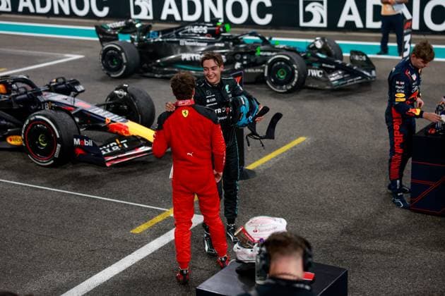 16 Charles Leclerc (MCO, Scuderia Ferrari), 63 George Russell (GBR, Mercedes-AMG Petronas F1 Team), F1 Grand Prix of Abu Dhabi at Yas Marina Circuit on November 26, 2023 in Abu Dhabi, United Arab Emirates. (Photo by HOCH ZWEI) Abu Dhabi United Arab Emirates