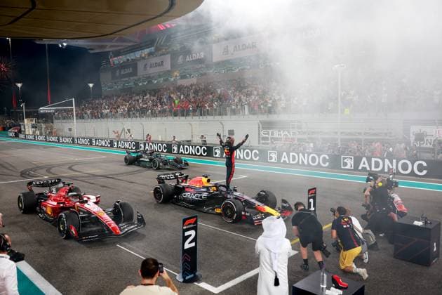 16 Charles Leclerc (MCO, Scuderia Ferrari), 1 Max Verstappen (NLD, Oracle Red Bull Racing), 63 George Russell (GBR, Mercedes-AMG Petronas F1 Team), F1 Grand Prix of Abu Dhabi at Yas Marina Circuit on November 26, 2023 in Abu Dhabi, United Arab Emirates. (Photo by HOCH ZWEI) Abu Dhabi United Arab Emirates
