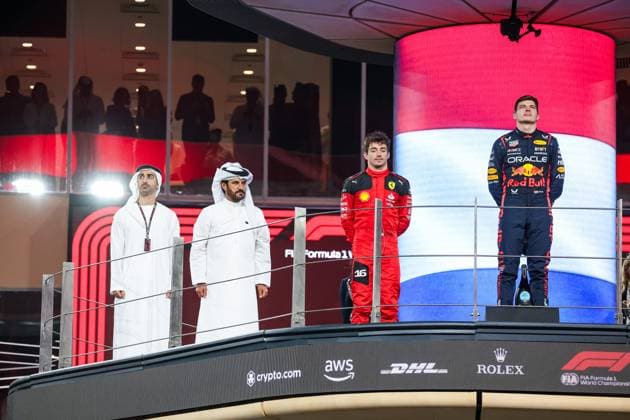 Mohammed Ben Sulayem (UAE, FIA President), 16 Charles Leclerc (MCO, Scuderia Ferrari), 1 Max Verstappen (NLD, Oracle Red Bull Racing), F1 Grand Prix of Abu Dhabi at Yas Marina Circuit on November 26, 2023 in Abu Dhabi, United Arab Emirates. (Photo by HOCH ZWEI) Abu Dhabi United Arab Emirates