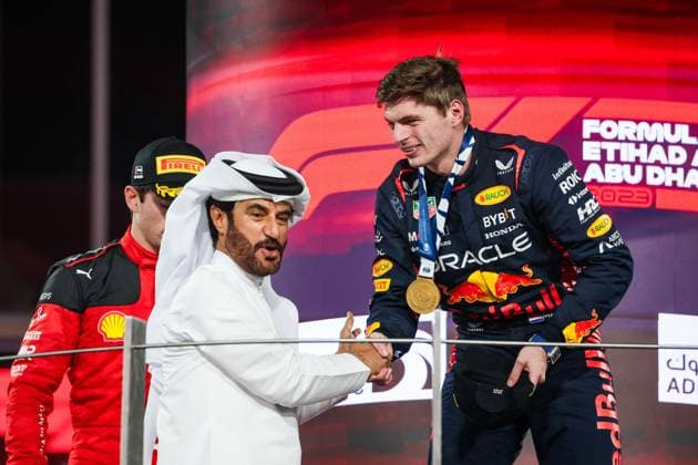 Mohammed Ben Sulayem (UAE, FIA President), 1 Max Verstappen (NLD, Oracle Red Bull Racing), F1 Grand Prix of Abu Dhabi at Yas Marina Circuit on November 26, 2023 in Abu Dhabi, United Arab Emirates. (Photo by HOCH ZWEI) Abu Dhabi United Arab Emirates