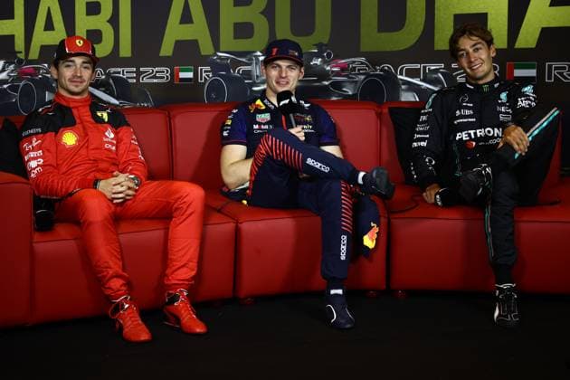F1 Abu Dhabi Grand Prix 2023 Charles Leclerc of Ferrari, Max Verstappen of Red Bull Racing and George Russell of Mercedes during press conference, PK, Pressekonferenz after the Formula 1 Abu Dhabi Grand Prix at Yas Marina Circuit in Abu Dhabi, United Arab Emirates on November 26, 2023. Abu Dhabi United Arab Emirates  Copyright: xJakubxPorzyckix originalFilename:porzycki-f1abudha231126_npueE.jpg