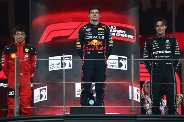 F1 Abu Dhabi Grand Prix 2023 Charles Leclerc of Ferrari, Max Verstappen of Red Bull Racing and George Russell of Mercedes at podium after the Formula 1 Abu Dhabi Grand Prix at Yas Marina Circuit in Abu Dhabi, United Arab Emirates on November 26, 2023. Abu Dhabi United Arab Emirates  Copyright: xJakubxPorzyckix originalFilename:porzycki-f1abudha231126_npF5f.jpg