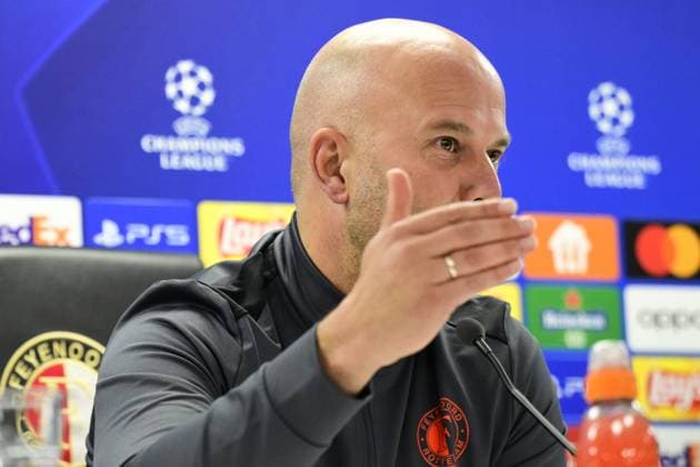 ROTTERDAM - Coach Arne Slot of Feyenoord during the MD-1 press conference, PK, Pressekonferenz prior to the UEFA Champions League match against Atletico Madrid at Feyenoord Stadium de Kuip on November 27, 2023 in Rotterdam, the Netherlands. ANP OLAF KRAAK UEFA Champions League 2023 24 2023 2024 xVIxANPxSportx xxANPxIVx 484875889 originalFilename: 484875889.jpg