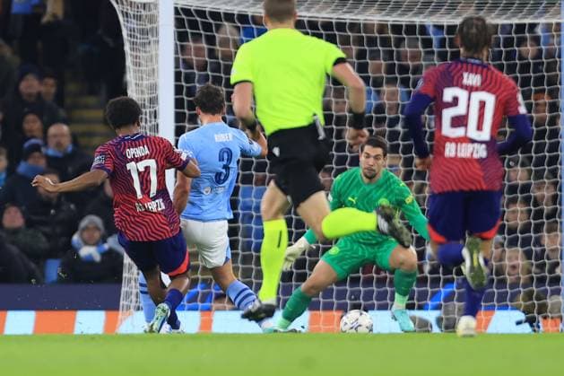 Manchester City v RB Leipzig 28 November 2023 - UEFA Champions League - Group G - Manchester City v RB Leipzig - Lois Openda of RB Leipzig scores the opening goal - Photo: Simon Stacpoole Offside. Manchester UK Copyright: xSimonxStacpoolexOffside