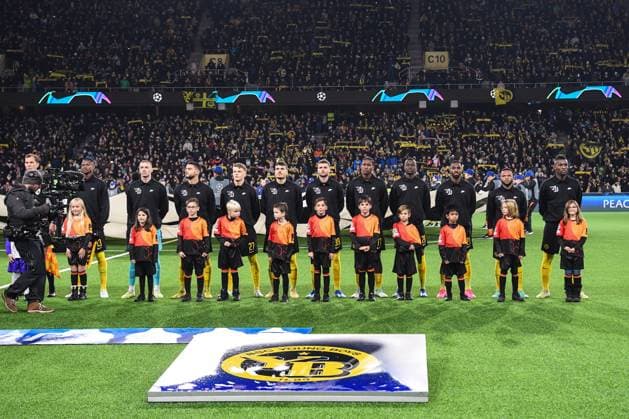BERN, SWITZERLAND - NOVEMBER 28: Young Boys as they line up for the National Anthems during the UEFA Champions League Group Stage match between BSC Young Boys and FK Crvena zvezda at Stadion Wankdorf on November 28, 2023 in Bern, Switzerland. Bern Stadion Wankdorf Bern Switzerland Copyright: xJustPictures.ch ManuelxWinterbergerx jp-en-EuSpIm-Y.Boys_Crvena_28Nov2023_00010