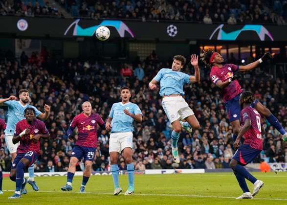 Manchester City v Leipzig - UEFA Champions League - Group G - Etihad Stadium November 28, 2023, MANCHESTER: Manchester, England, 28th November 2023. Ruben Dias of Manchester City heads wide during the UEFA Champions League match at the Etihad Stadium, Manchester. (Credit Image: Ã‚Â Andrew Yates Sportimage Cal Media) MANCHESTER EDITORIAL USE ONLY Copyright: xx ZUMA-20231128_faf_si1_115.jpg AndrewxYatesx csmphotothree204786