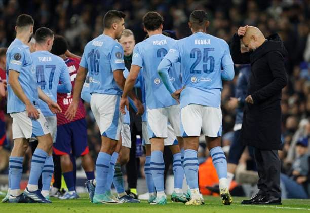 Manchester City v RB Leipzig: Group G - UEFA Champions League 2023 24 Rodri, Ruben Dias, Manuel Akanji and Pep Guardiola, Manager of Manchester City look dejected during the UEFA Champions League match between Manchester City and Rb Leipzig at Etihad Stadium on November 28, 2023 in Manchester, United Kingdom. Manchester Etihad Stadium England United Kingdom Copyright: xRichardxSellers Sportsphoto APLx 13961970