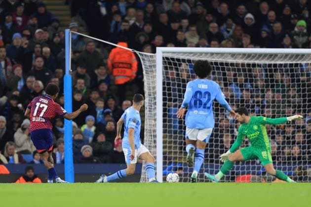 Manchester City v RB Leipzig 28 November 2023 - UEFA Champions League - Group G - Manchester City v RB Leipzig - Lois Openda of RB Leipzig scoring his second goal of the match - Photo: Simon Stacpoole Offside. Manchester UK Copyright: xSimonxStacpoolexOffside