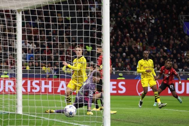 Milan, Italy, 28th November 2023. Samuel Chukwueze of AC Milan scores to level the game at 1-1 during the UEFA Champions League match at Giuseppe Meazza, Milan. Picture credit should read: Jonathan Moscrop Sportimage EDITORIAL USE ONLY. No use with unauthorised audio, video, data, fixture lists, club league logos or live services. Online in-match use limited to 120 images, no video emulation. No use in betting, games or single club league player publications. SPI-2754-0008