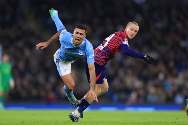 Manchester City v RB Leipzig 28 November 2023 - UEFA Champions League - Group G - Manchester City v RB Leipzig - Rodri of Manchester City is fouled by Xaver Schlager of RB Leipzig - Photo: Simon Stacpoole Offside. Manchester UK Copyright: xSimonxStacpoolexOffside