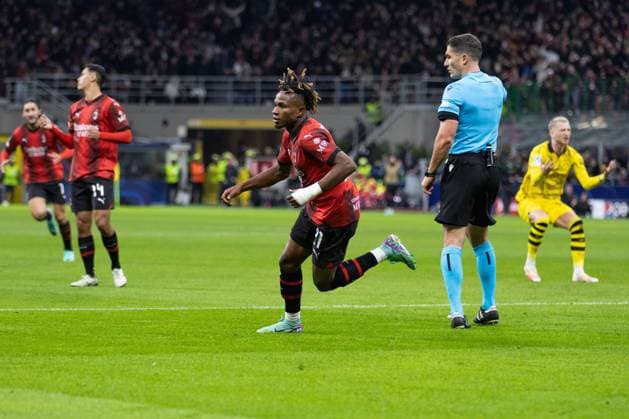 Milan Samu Chukwueze Celebrate during Ac Milan vs Borussia Dortmund, UEFA Champions League football match in Milan, Italy, November 28 2023  Copyright: xNicolasxMorassutti IPAxSportx xix xx IPA_41918917 IPA_Agency_IPA41918917