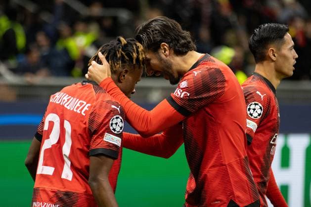 UEFA Champions League football match - Ac Milan vs Borussia Dortmund Milan Samu Chukwueze Celebrate with Yacine Adli during Ac Milan vs Borussia Dortmund, UEFA Champions League football match in Milan, Italy, November 28 2023 Milan Italy  Copyright: xIPAxSport ABACAx